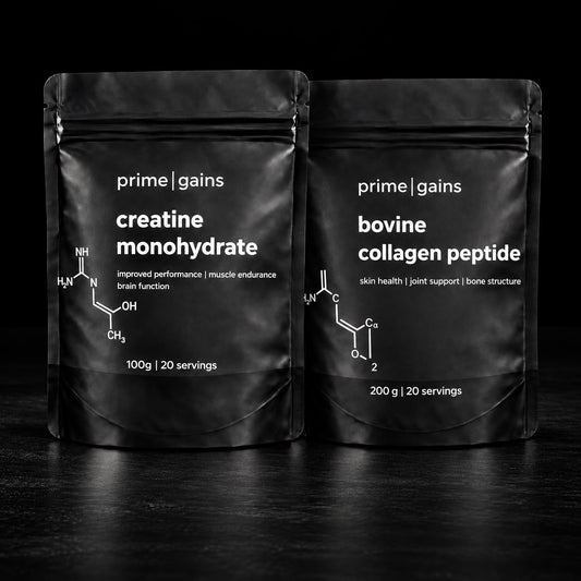 Prime Gains Creatine Monohydrate and Bovine Collagen Peptide pouches side by side
